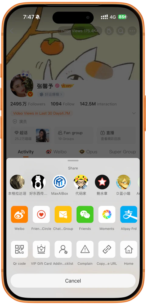 在微博主页分享面板复制主页链接