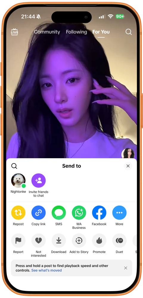 在 TikTok 分享面板中点击 Copy link（复制链接）