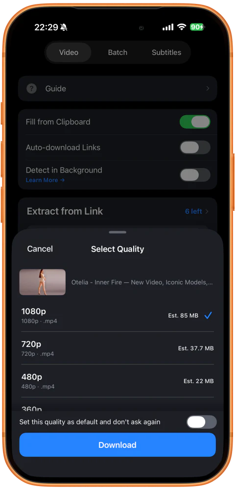 在 Select Quality 中选择清晰度，点击 Download
