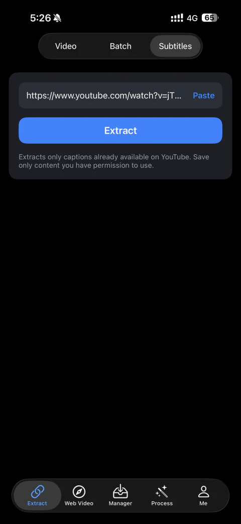 粘贴 YouTube 视频链接